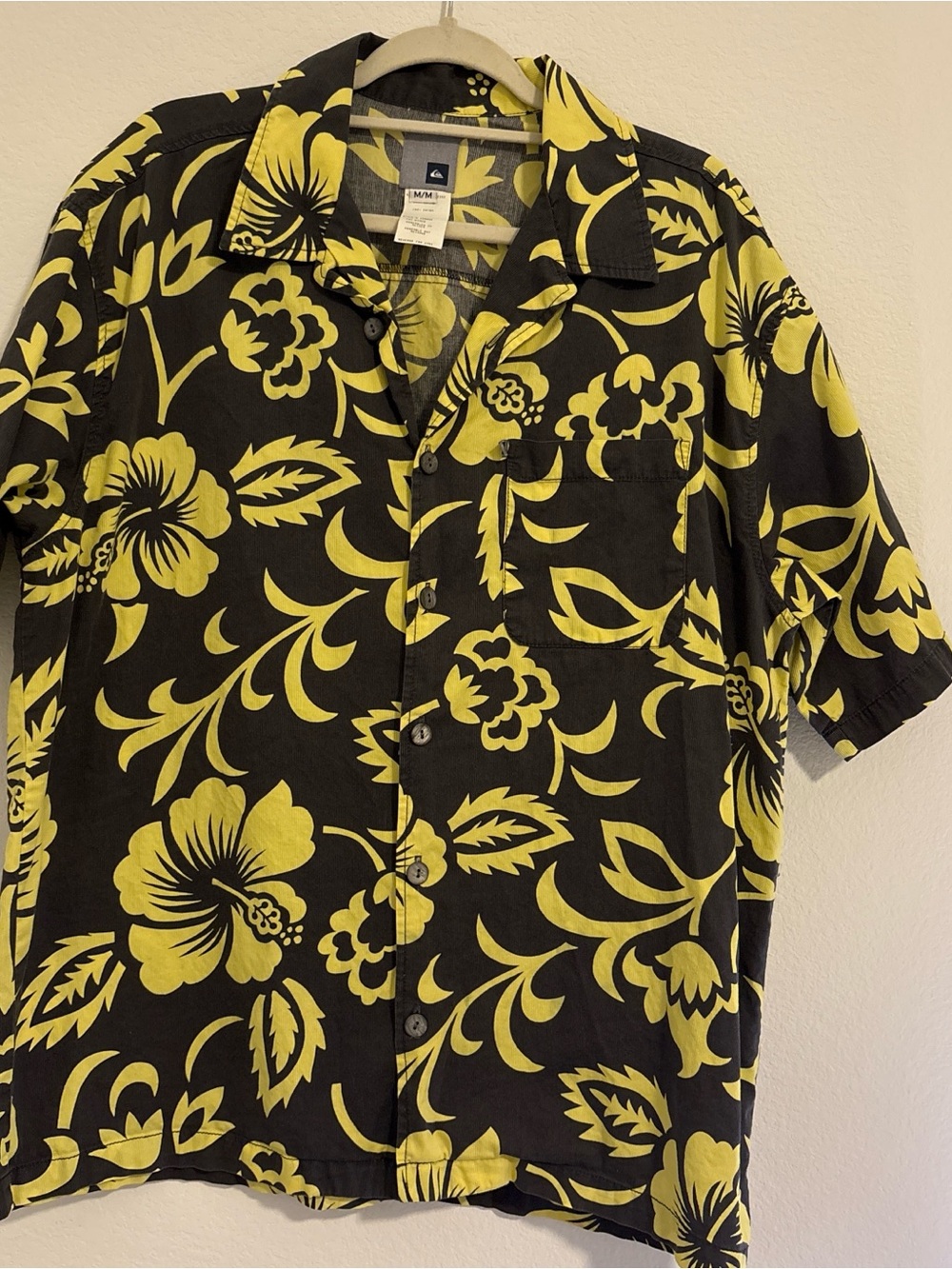 Quiksilver Gray and Yellow Floral Short-Sleeve Button-Down Shirt